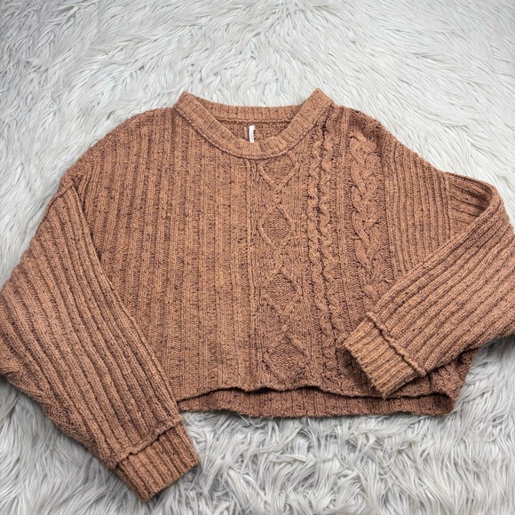 Free People Sweaters - Free People Women's XS Brown On Your Side Cable Knit Crop Sweater Cabincore Boho